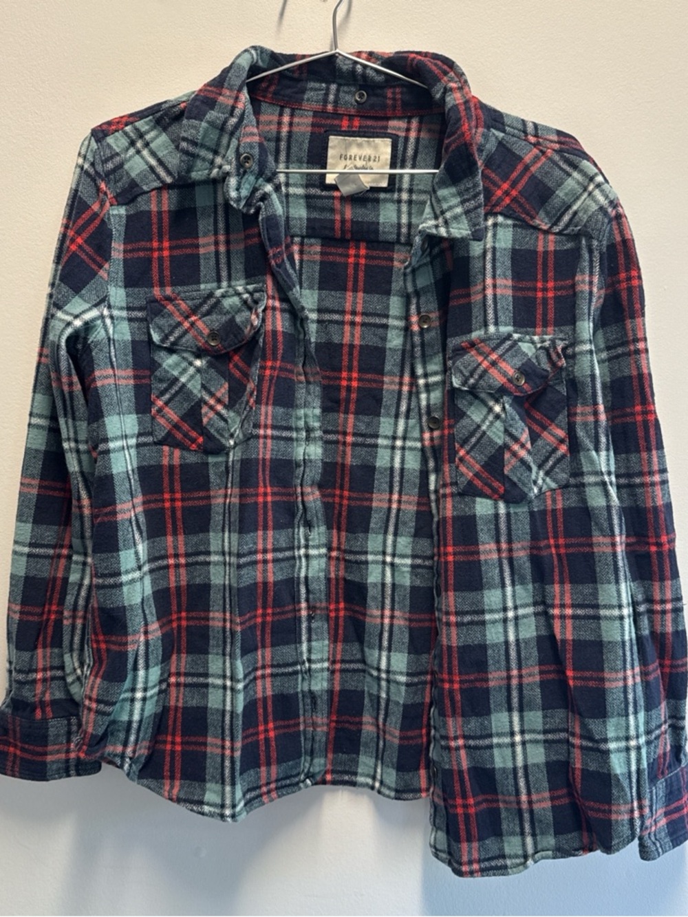 Forever 21 Plaid Button-Down Shirt Jacket - Navy, Red & Mint